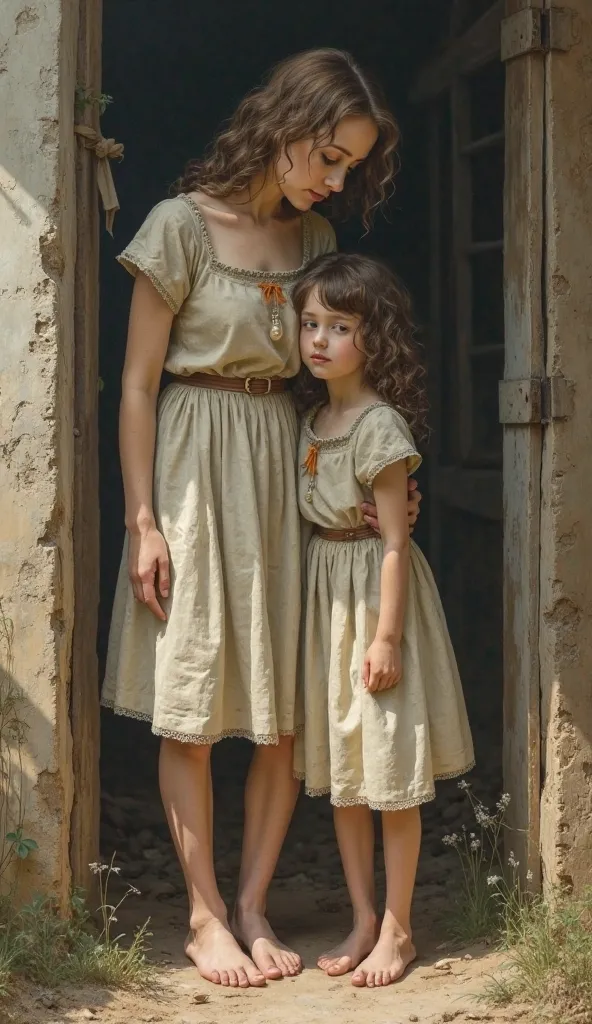 two barefoot  european peasant girls, Mother and daughter,  european,  fair skin , anorexic  , short dress