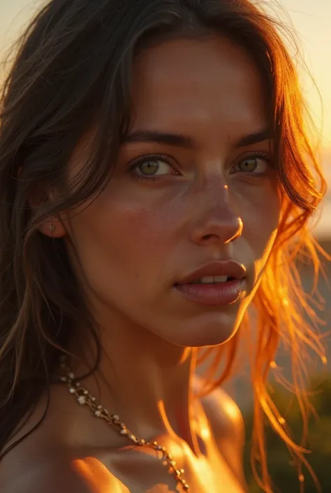 close-up photography of a woman, realistic, sunset contrast of light and shadow