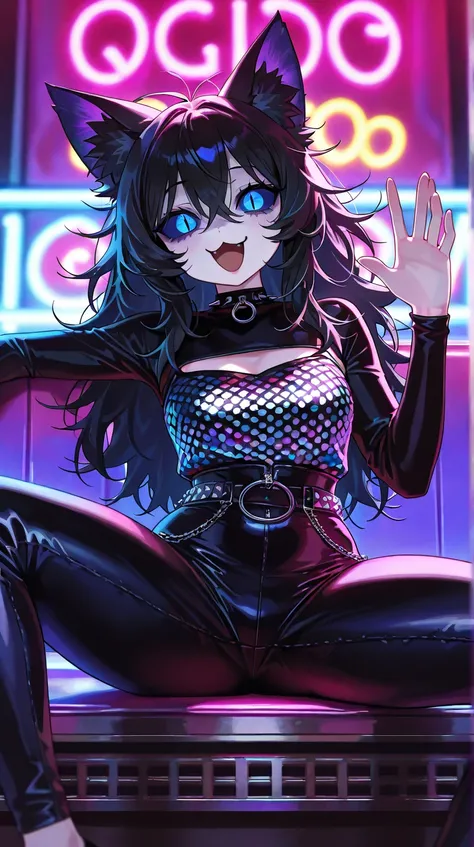 girl focus, upper body focus, solo girl, curvy body, messy hair, black hair, cat ear fluff, slit pupils, dark-blue sclera, exotic punk fashion, :3, iron corridor, funny background, sitting rest, spread legs, crazy eyes, laughing, opened hand waving, feet o...