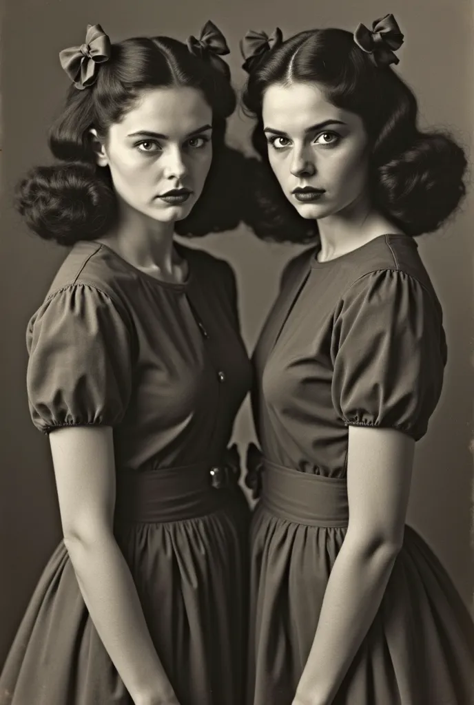 Two twin sisters pose for a photo in the 1950s, wearing elegant dresses of the time, with round skirts and short sleeves. Her hair is impeccably tidy, with well-defined curls and matching ties. They are side by side, with perfect postures, but their eyes d...