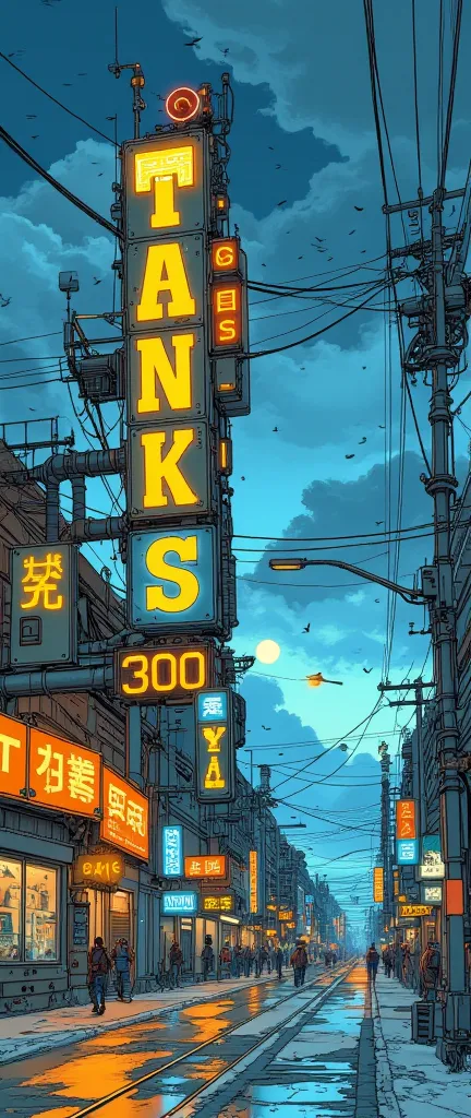 "Thanks followers 300！"Detailed Headline Signs,cyberpunk,steampunk,mechanical,Piping, factory,vapor,Tram,line,starry sky,evening,neon,cloud,Flock of birds,advertising signs line up,Talk to a dynamic microphone fixed to the ,Dynamic Angle,dynamic typography...