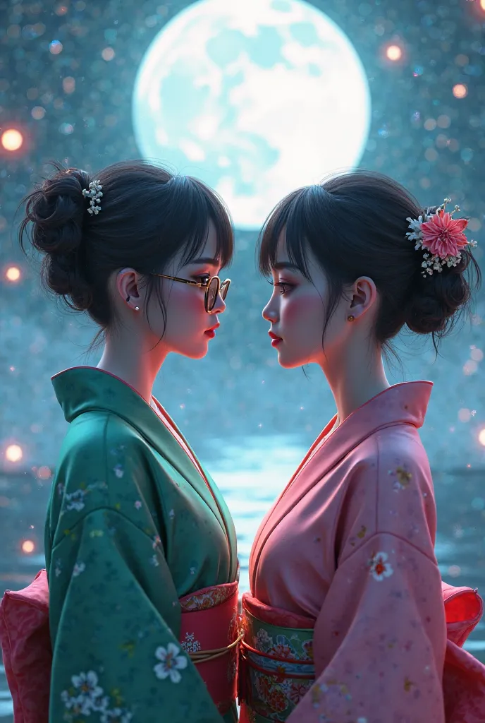 3D Images。Clothes are gorgeous green kimonos。hairstyle is a shortcut、メガネのPretty Girl。Clothes are gorgeous pink kimonos。The hairstyle is semi-long、Pretty Girl。Facing each other。 moonlight 。 glitter。