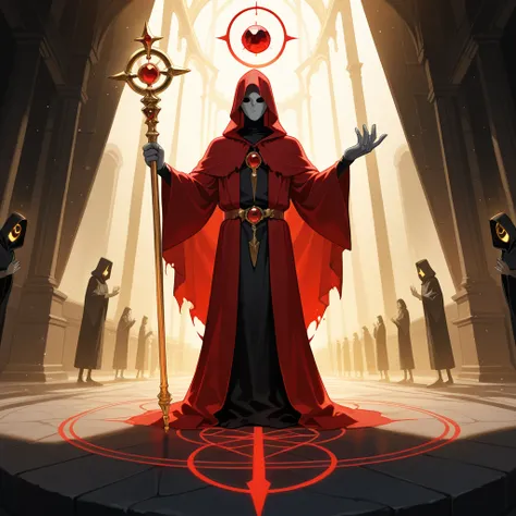 Generate an image of a malicious figure with gray skin, clad in black and red religious cultist robes, embellished with golden accessories, holding out one outstretched hand towards the camera, almost like an invitation to join his "cult". They are holding...