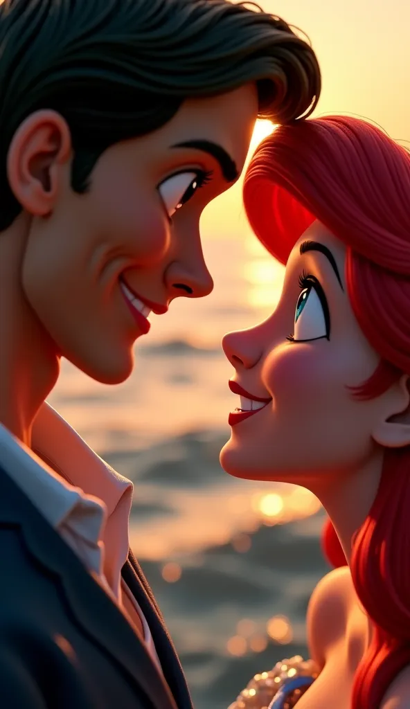 Point of view shot of Ariel standing close to Eric, but only his face is visible. The camera focuses on a detailed, ultra-realistic close-up of Eric’s face as he smiles warmly at Ariel. His features are chiseled and classic, with soft, tousled dark hair an...