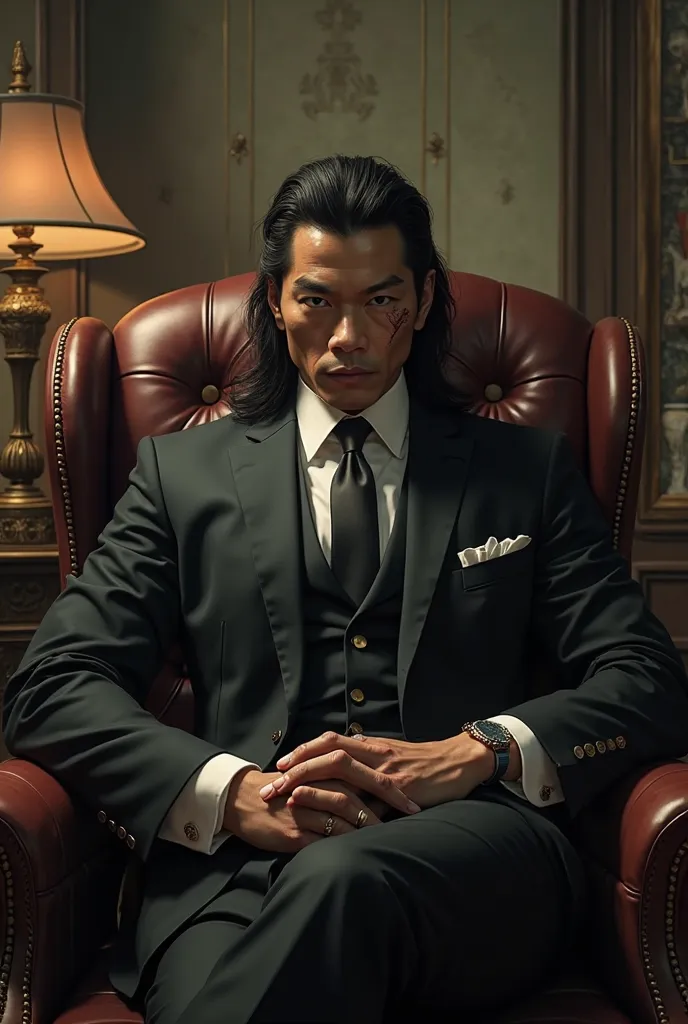 a long hair japanese yakuza gangster dressed in a suit, sitting in his mafia chair in his office. Tetsu Tachibana, Arata Iura.