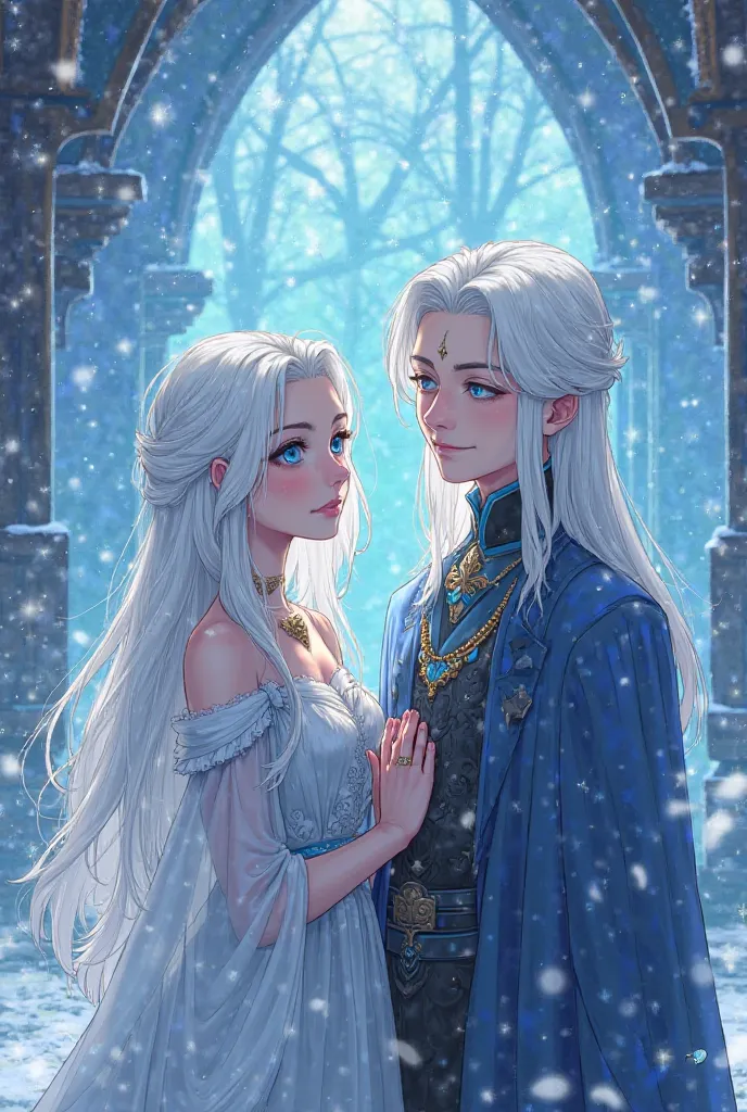 Draw the characters of my novel,
 Tawam is a girl and a boy 
20 years old, 
They have a magical ability inherited from their family, which is ice, so their hair color is crystal white 
blue eyes,
 Their hair is long and smooth
 From the Victorian era 
Draw...