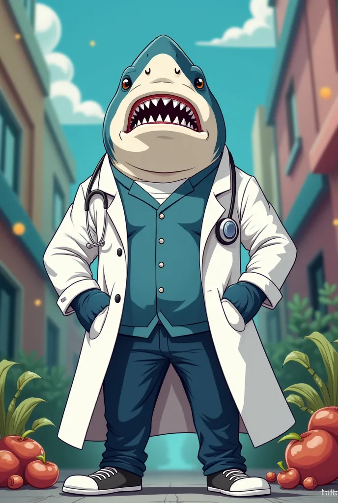 Image of a white shark with a very realistic face dressed as a doctor in cartoon style. I want impactful images