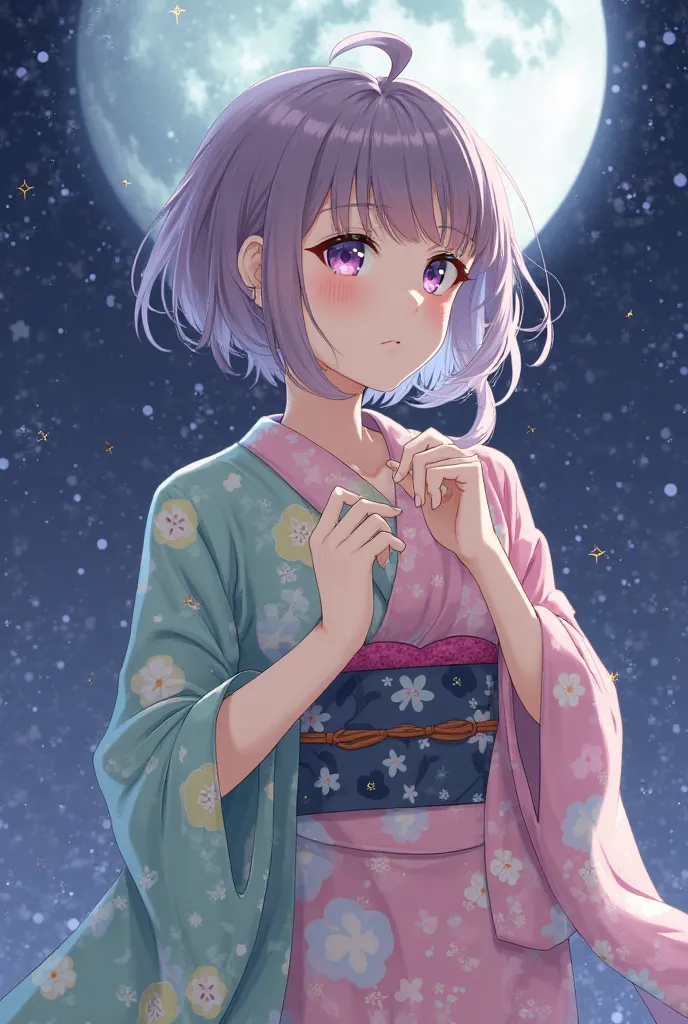 3D Images。Clothes are gorgeous green kimonos。hairstyle is a shortcut、メガネのPretty Girl。Clothes are gorgeous pink kimonos。has a semi-long hairstyle、Pretty Girl。Holding hands and looking at the moon。 moonlight 。 glitter。