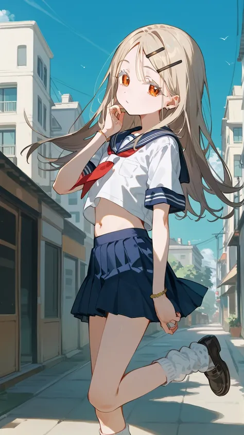 Shinosawa Hiro ,thin, orange eyes from the side diagonally, white lashes,blond with a big face,long hair,hair clips,flat chest,belly button,Outdoors、sunset、City、building、solo,Short sleeve, Red Ribbon Sailor Suit,navy blue pleated skirt,low rise、white panti...