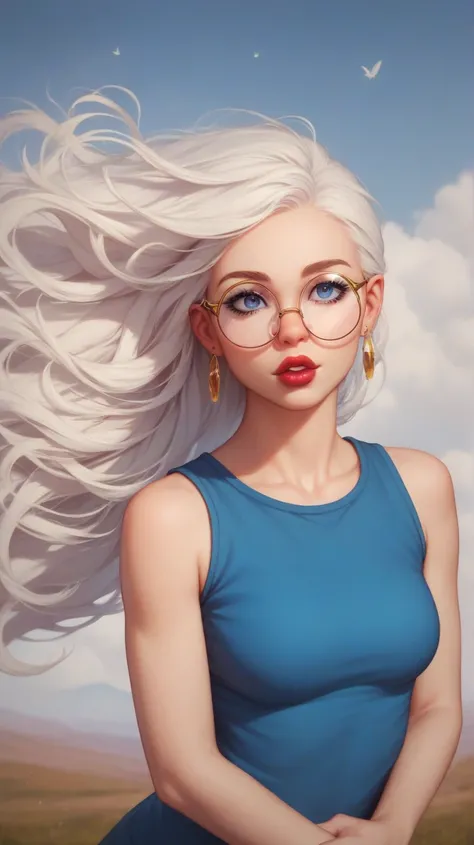 masterpiece, detailed, highest quality, top quality, ray tracing, 1 girl, white hair, long hair, balancing in the wind, dark blue eyes, big bright eyes, glasses, round big glasses, pink colored lens, small nose, big lips, red lips, golden earrings, small e...