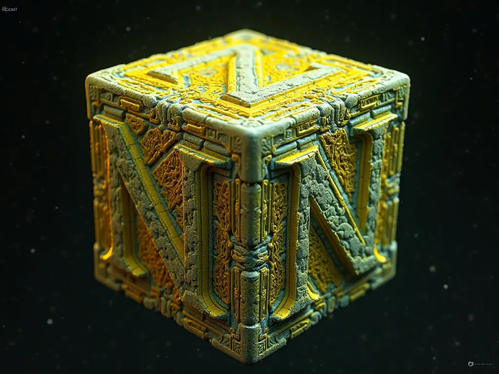 Make a cube, with detailed details in yellow, and on all sides the letter N is written in ultra detailed style, the letter N is in the middle of the cube, the letter N is ultra detailed with ancestral marks, and all sides show the letter N, the N detailed ...