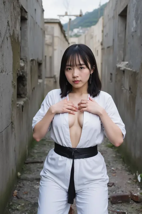 A girl in a karate suit is standing in ruins,  I'm wearing a white karate suit and a black belt ((Untie the obi to show my bare chest ,big breasts)), I'm putting my hands on my karate uniform,  looking at the camera and smiling shyly .   Empty Expressions ...