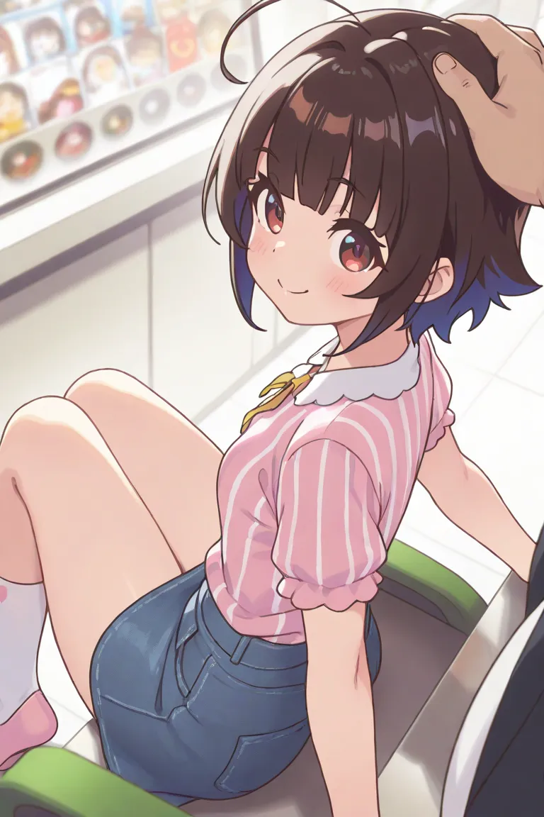 very awa, masterpiece, best quality, newest,  highres, aburdres、You can see the spats from under the hinatsuru ai 、You can see the spats from under the hinatsuru ai   Ryuuou no Oshigoto、1 、short hair、dark blue hair、 very small breasts 、pink striped shirt、d...