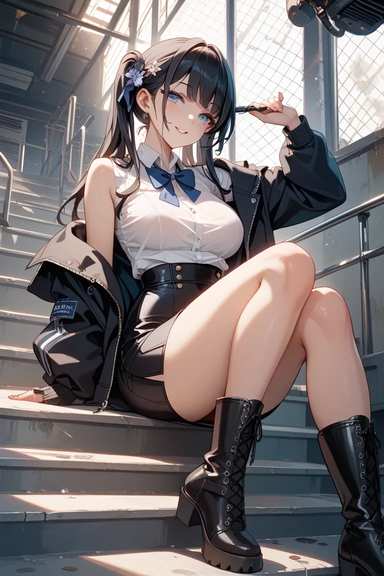 Japanese high school girl
Gang Reader
The hair is based on black hair and contains white mesh
long straight hair

Wear a black jacket、with a white shirt inside
I'm wearing a black tight skirt and boots

I'm sitting on the emergency stairs in an abandoned f...