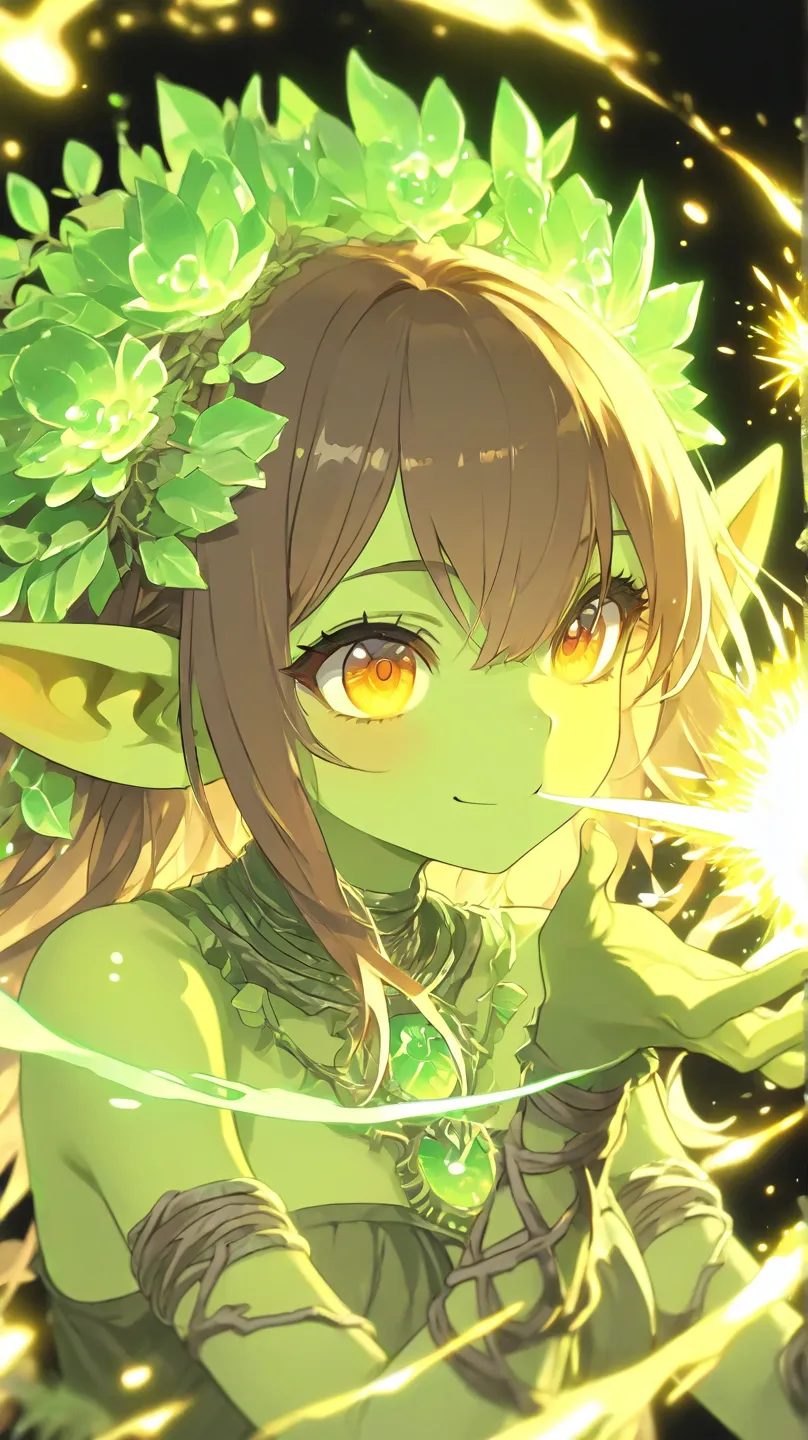  an HD scene A strange young green skinned female goblin dryad green colored spirit with amber eyes with massive emerald hair blowing in the wind wearing a dark brown barkskin with green details with a cute smile with glowing green and gold sparks around h...