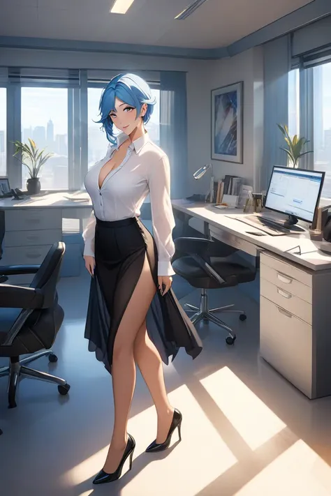 Genshin Eula Lawrence, blue hair, blue nails, deep cleavage, no bra, no panty, heels, white shirt, black skirt, see through clothes, workplace, profile view, smile