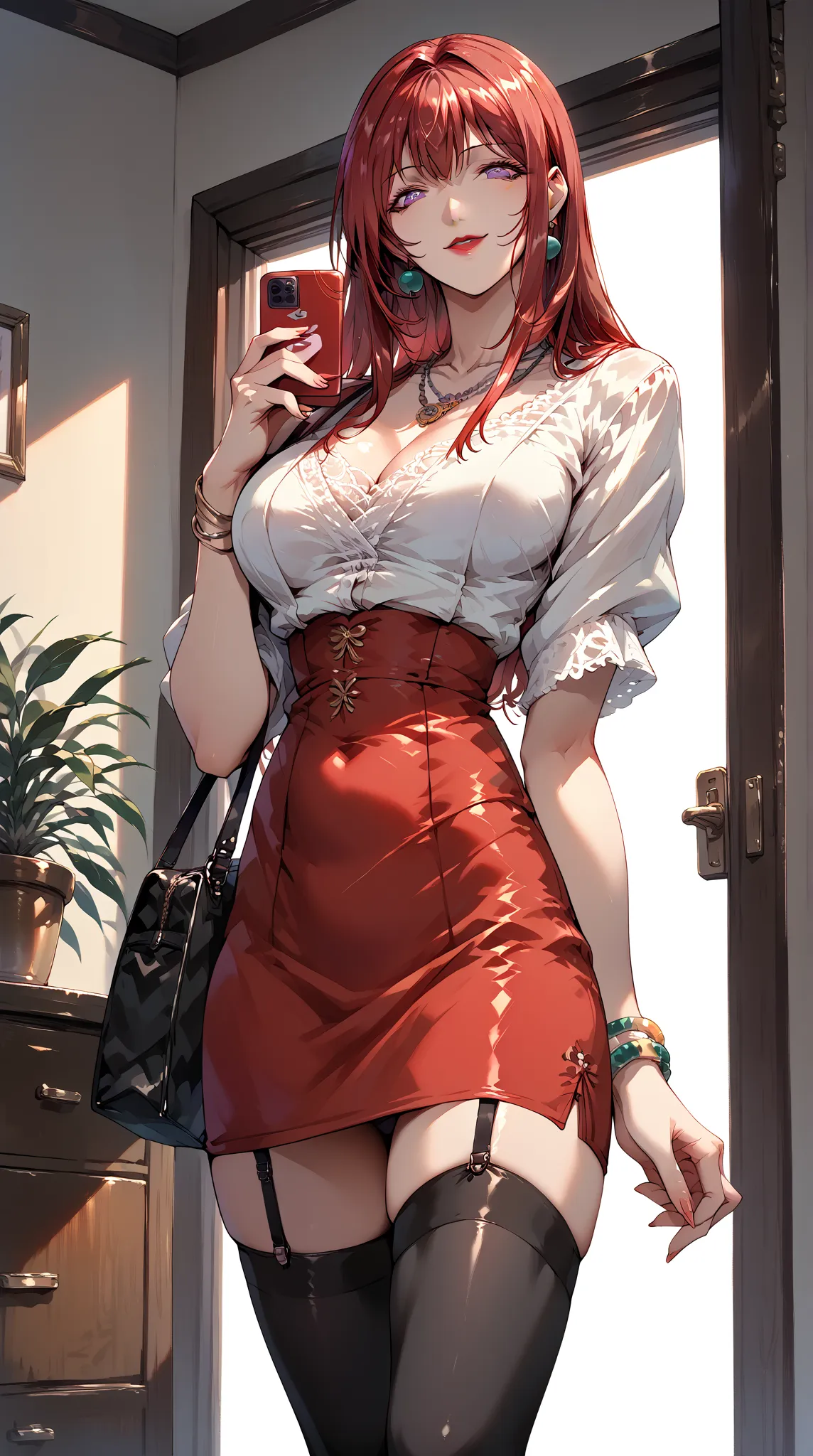 Takashiro Hiroko, 1girl, mature female,red lip, red swept bangs,red hair over shoulder,purple eyes, beautiful earrings and necklace and bracelet ,mini bag phone,blouse,taut red skirt,black thighhighs,garter straps,high heel, smile, standing in a class room...