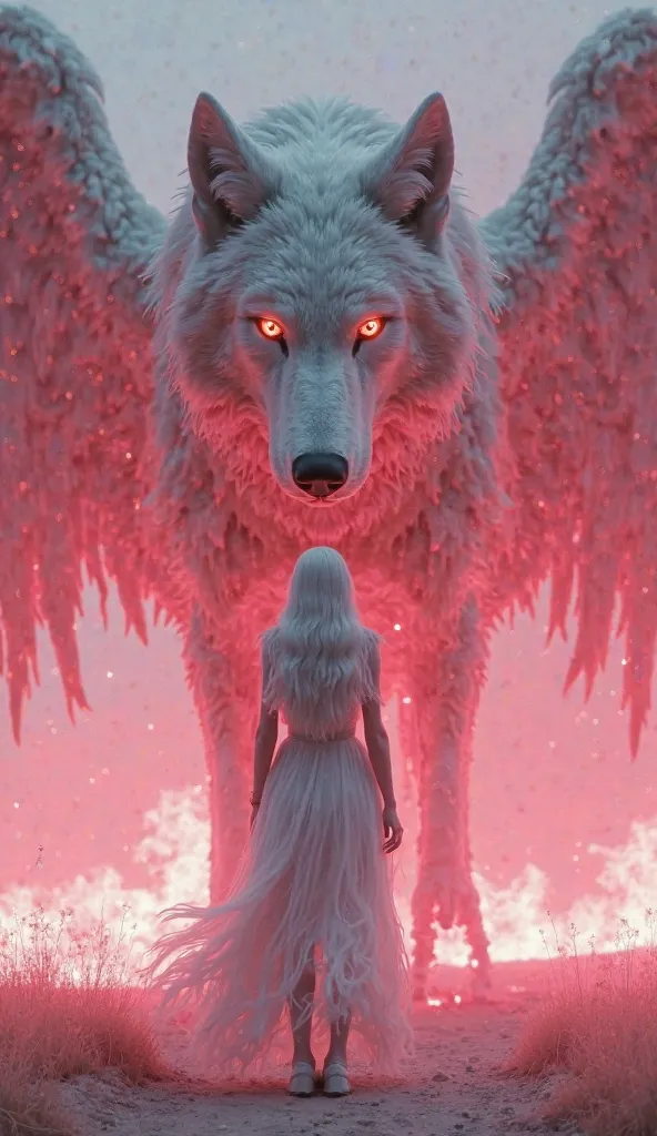 A beautiful woman with white hair is standing in front of her huge face and body that looks like a wolf and a monster、Wolf has wings and a huge body and a huge face、Wrapped in pink fire、The ground is burning pink、4K、 real 