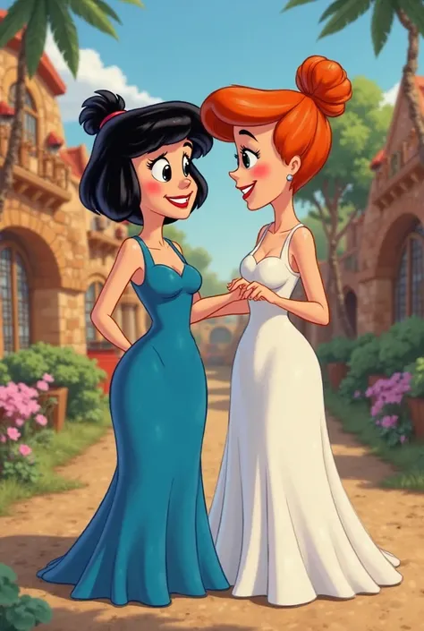 Betty Rubble, black hair, blue dress, short hair, bun, black eyes, very feminine body.
Wilma Flintstone, red hair, simple bun, white dress, very feminine body,
the flintstones background