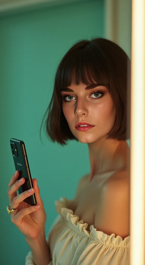 Green-eyed woman's hair cut bob at pear height, In a selfie in the mirror,SAMSUNG,  soft lighting ,  pastel colors , Fashion aesthetic, dynamic pose, Elegant outfit, fashion accessories, serious guy.