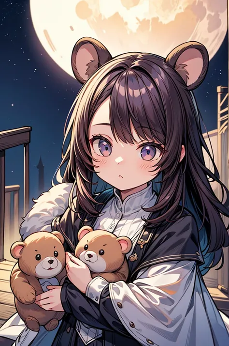 high quality, 最high quality, very detailed, high definition, (realism:1.1), photorealism, Volume Lighting, Contrast, Depth of Written Boundary, sharp focus, absurd, Unreal Engine,　Park background on a full moon night, holding a stuffed bear, girl dressed a...