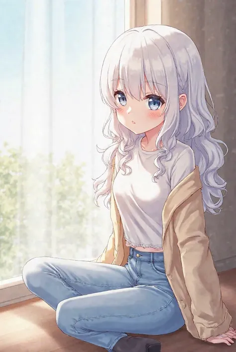  Anime Girl、A white-haired 、light gray blue near the white pupils，Eyelashes are also white girl，Hair length to waist，Silver and white big wavy curls，The eyes are always half open, as if not asleep，The dress is wearing a beige knit coat、 white short sleeve ...