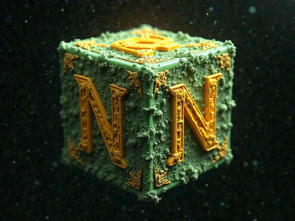 Make a cube, with detailed details in yellow, and on all sides the letter N is written in ultra detailed style, the letter N is in the middle of the cube, the letter N is ultra detailed with ancestral marks, and all sides show the letter N, the N detailed ...