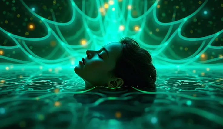 Glowing neon brainwave frequency kaleidoscope background patterns in green blue and yellow color with a sleeping head of human figure in the middle, wallpaper style