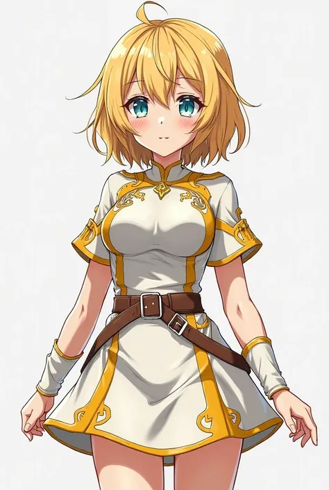 Blonde age girl with light blue eyes, Wearing a hero costume , Anime Style, the costume has gold and white colors, is adjusted to the body to highlight her figure, with a short skirt, with a functional belt, and decorative elements that evoke flames in the...