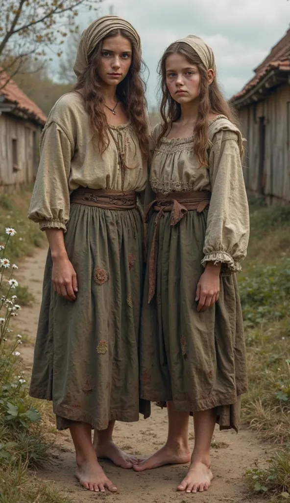 two barefoot  european peasant girls, Mother and daughter,  european,  fair skin , anorexic  , 