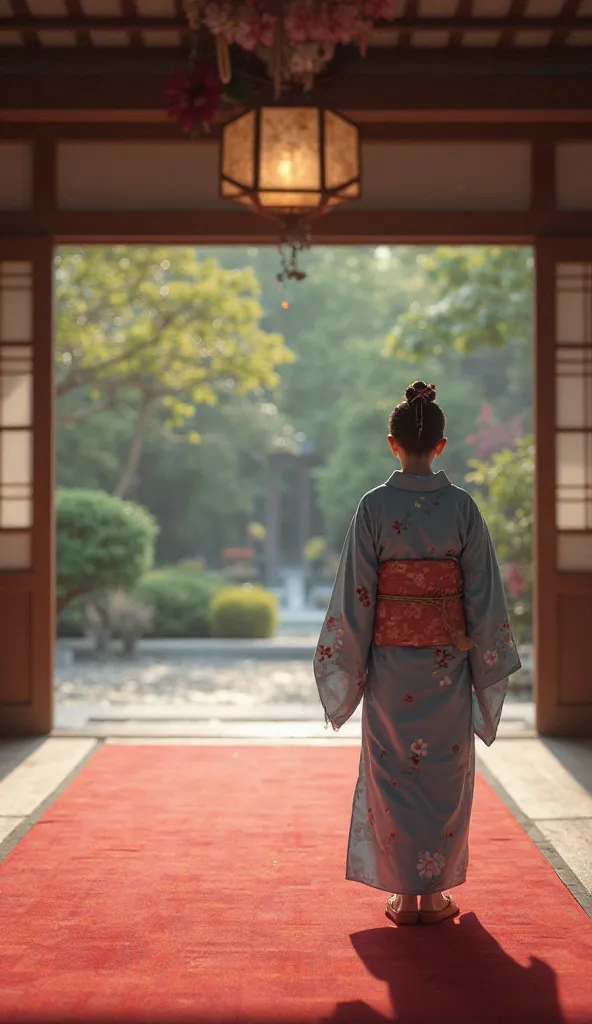  Fantastic　realistic footage　The large hall of a Japanese house　Red carpet　Cute wearing a light blue kimono２０About an old girl with short hair　hair ornaments close to the garden