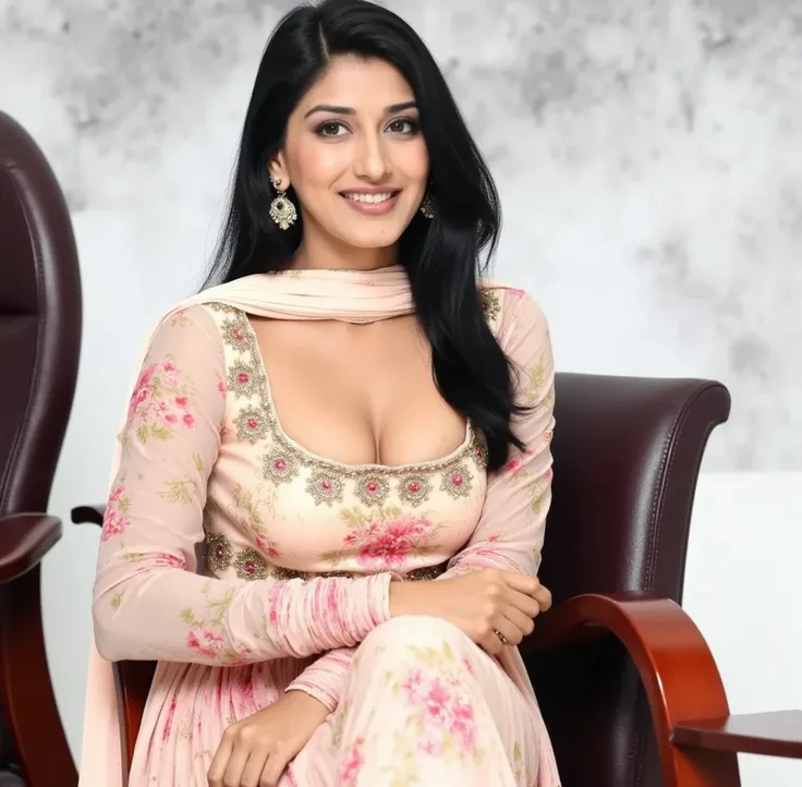 pretty Indian woman sonaliflx smiling at camera, in sleeveless salvar suit