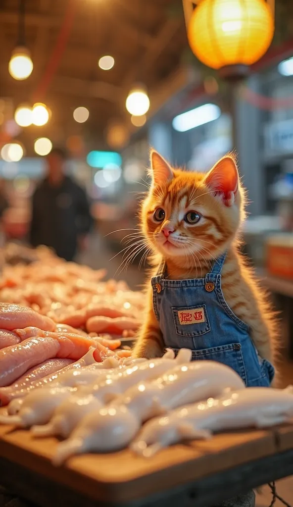 "A cute orange kitten wearing a tiny blue apron is standing at a seafood market stall. The kitten appears to be selling fresh squid, neatly arranged on a wooden tray in front of it. The market is busy, with people shopping in the background under warm yell...