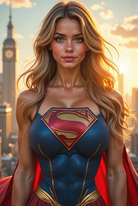 A vision of power and grace, a blonde 16-YEAR-OLD girl stands poised, her eyes blazing with the incandescent energy of a thousand suns. Her costume, a modern twist on the iconic Superman suit, hugs her lithe form, a deep blue accented with bold crimson. Th...