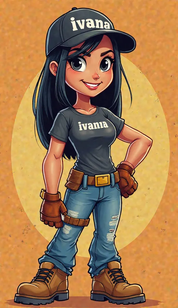 "An attractive Mexican brunette woman with straight black hair, wearing a black sports cap with the name 'Ivana' in white. She is dressed in cartoon-style bricklayer clothing:  tight t-shirt, sturdy denim pants and work boots. She holds a large hole with a...