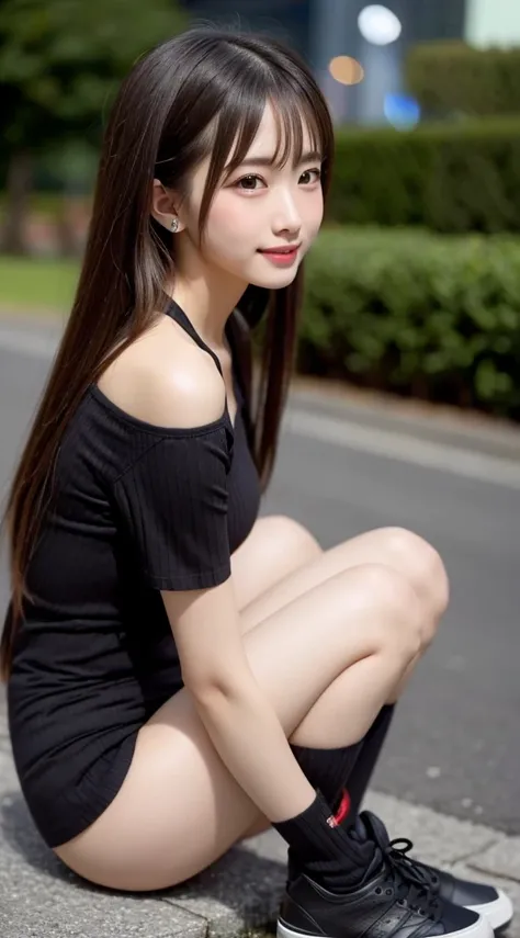   beautiful girl,   Extremely beautiful detailed face  ,   laugh shyly, Deep Valley), ((She's slender and very cute))、(彼女はbig bust and strabismusをしている、High neck ribbed knit T-shirt.  skirt  、    facing the viewer  、    show me your thighs:1.3), (  big bust...