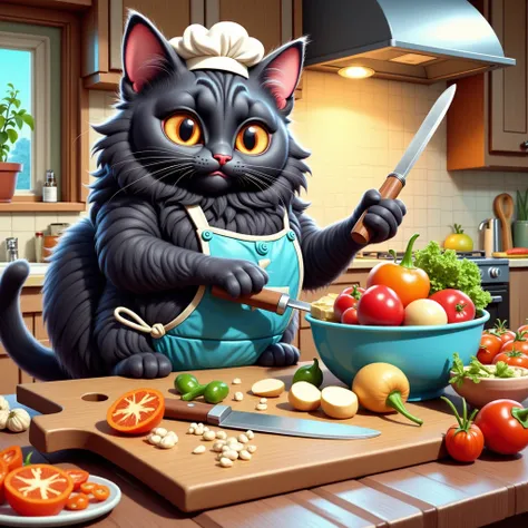 noon, 1 fluffy black cat , black cats walk on two legs ,Black cats are cute ,the black cat is wearing a cook hat, The background is the kitchen ,realistic, black cats are plump ,The black cat is wearing an apron,Eyes are ochre ,The black cat is cutting car...