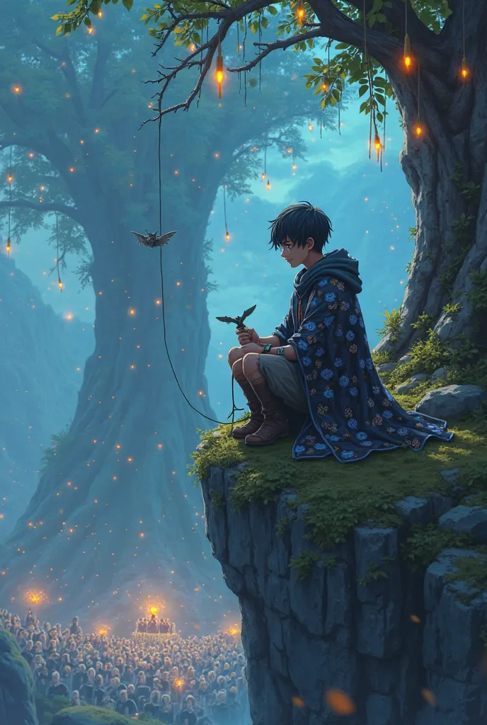 Create a highly detailed, cinematic scene in anime-style 2D digital art of a ragged  boy sitting on a moss-covered rock at the edge of a towering cliff. The boy, dressed in tattered clothes, wears a hooded cape made entirely of black flowers, the hood pull...