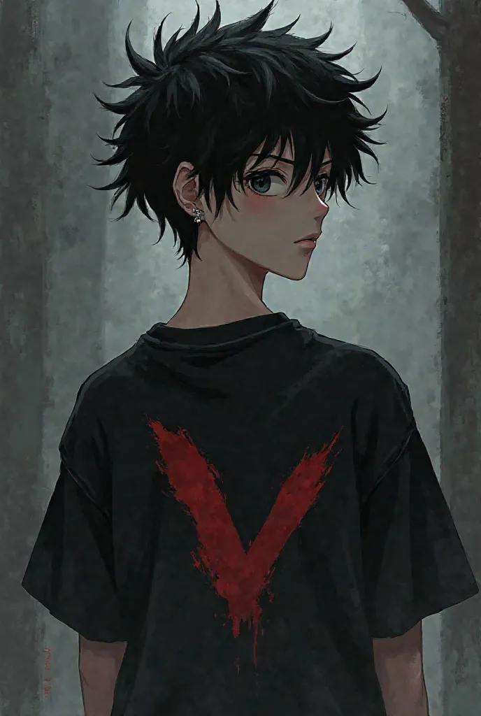 Male anime black-haired boy wearing a black shirt with a GIANT V on the back with drawstring and earring