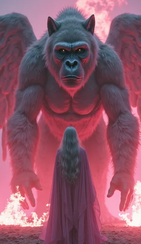 A beautiful woman with gray hair is standing in front of her huge face and body that looks like a wolf and a gorilla、Wolf gorillas have wings and huge bodies and huge faces、Wrapped in pink fire、The ground is burning pink、4K、 real 