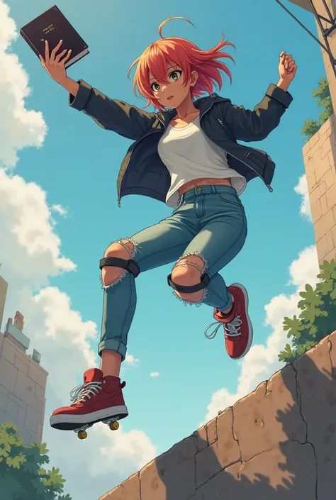 Adult anime girl with a lot of legs, short copper hair, dark skin, brown eyes with skate protectors wearing jeans and white shirt and black jacket and jumping high on a wall with the bible in her hand 