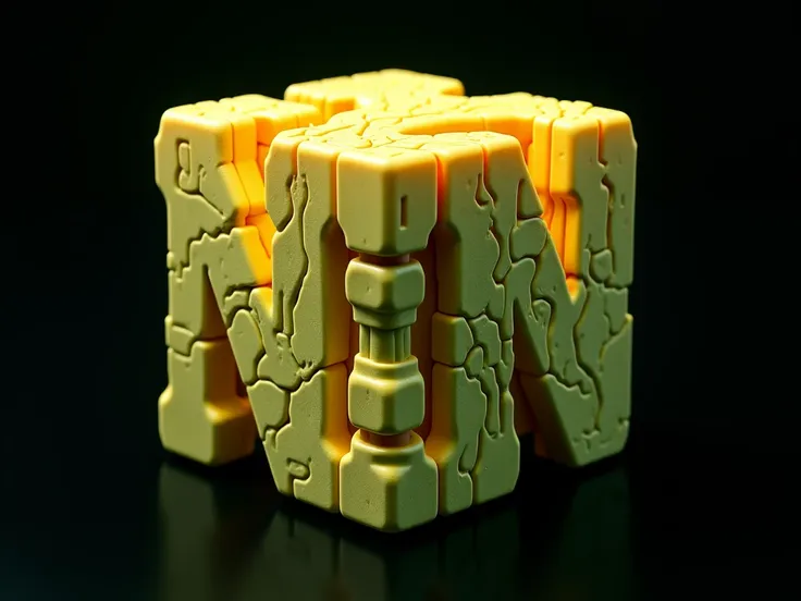 Make a cube, with detailed details in yellow, and on all sides the letter N is written in ultra detailed style, the letter N is in the middle of the cube, the letter N is ultra detailed with ancestral marks, and all sides show the letter N, the N detailed ...