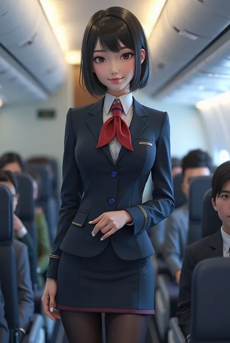 1 woman、Cabin Crew、Japanese cabin attendant、cabin attendant uniform、 cool face、Single eyelid、 sharp face、putting my hair together、black tights、Female on an airplane。3D