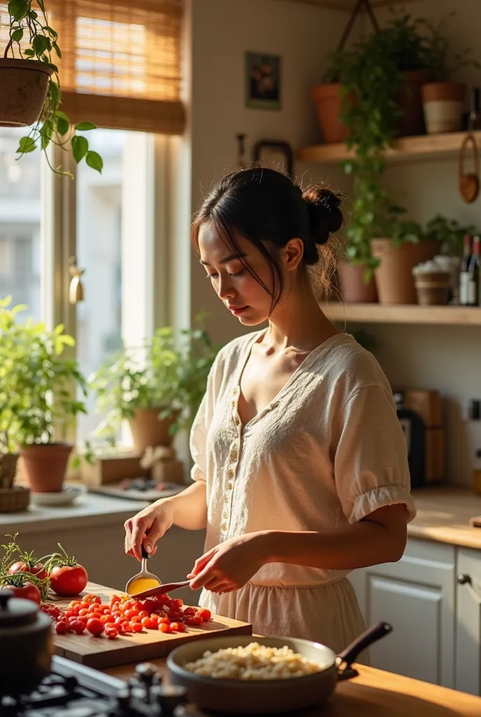 **A Culinary Dance Under Golden Light**  
In a kitchen with clean lines, where light wood and creamy white converse with hanging plants, a young Asian woman with prominent cheekbones and almond-shaped eyes busily prepares. Her hair, gathered in a bohemian ...