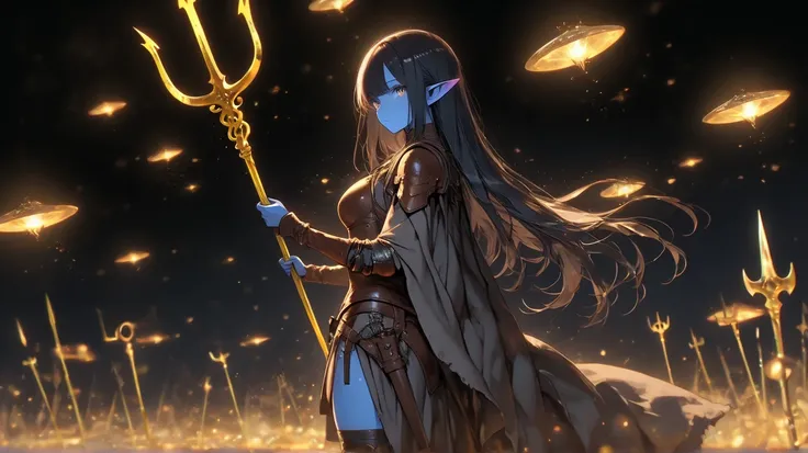 a female 30 year old sea elf with blue skin with long black hair wearing a brown medieval leather armor holding a golden trident with a Narhwal by her side , black background,  high detail, high quality, best quality, masterpiece, 8k