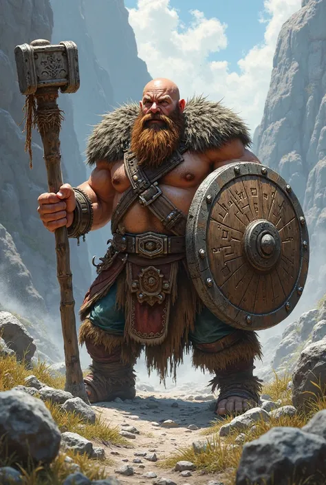 A dwarf armed with a wooden club and a shield 