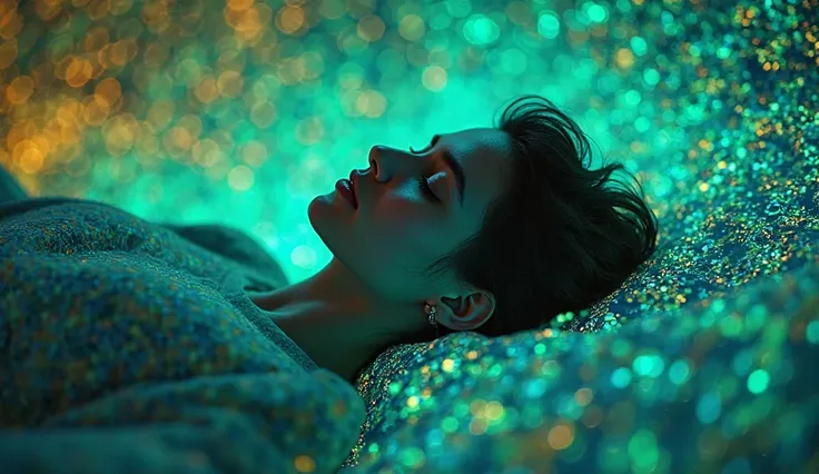 Glowing neon brainwave frequency kaleidoscope background patterns in green blue and yellow color with a sleeping human figure in the middle, wallpaper style