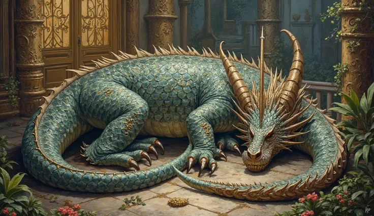 a giant dragon oil painting . Magnifico Sleeping