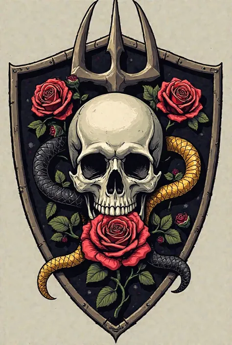 A shield with a skull in the middle behind the skull a trident on the trident 2 snakes snakes a black snake and a golden snake the skull has a rose in its mouth