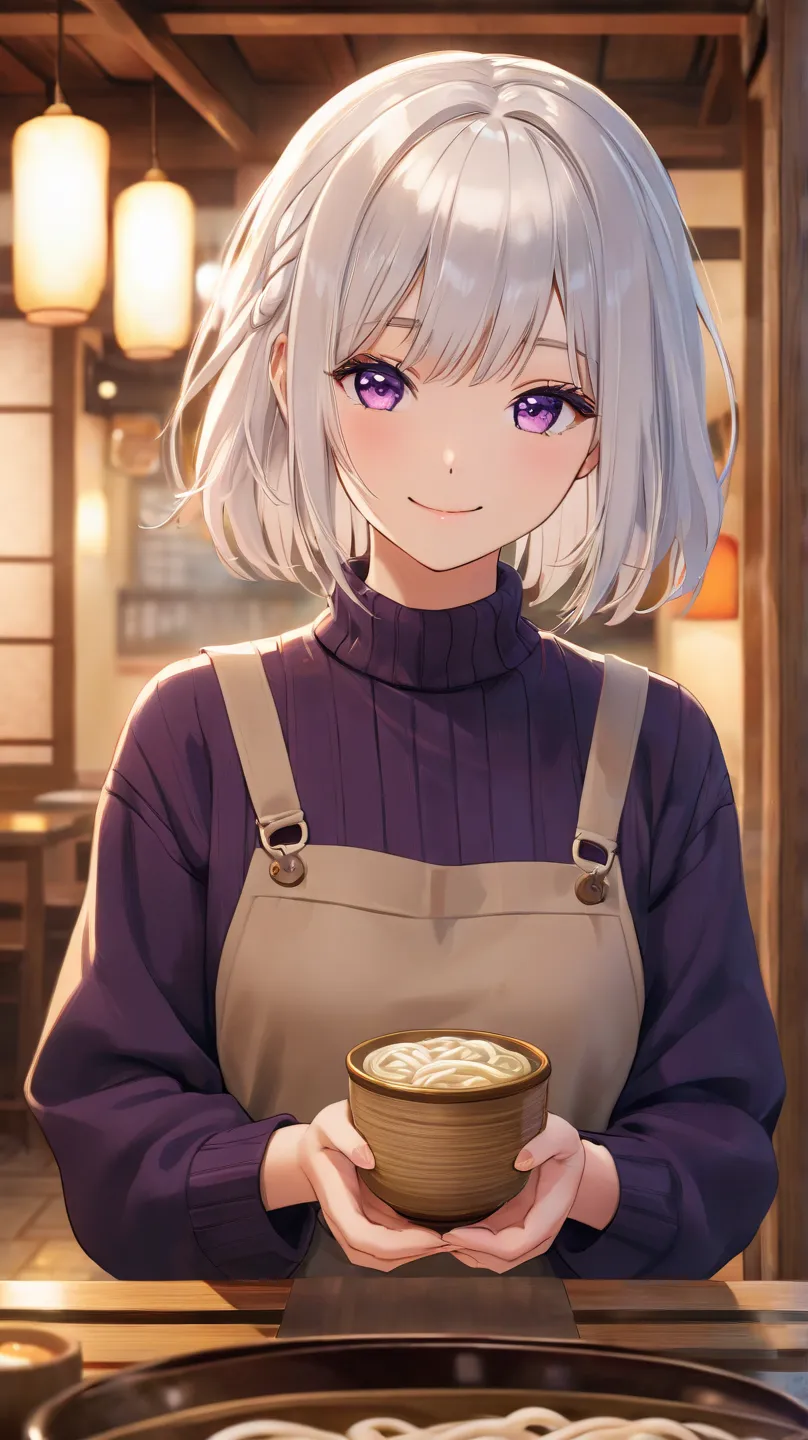 1 girl, solo, high definition, smiles, shortcut from elbow to hand, high quality,  Silver Hair, Aperture F1.2,  Slim,chest,purple eyes, casual outfit,Udon restaurant